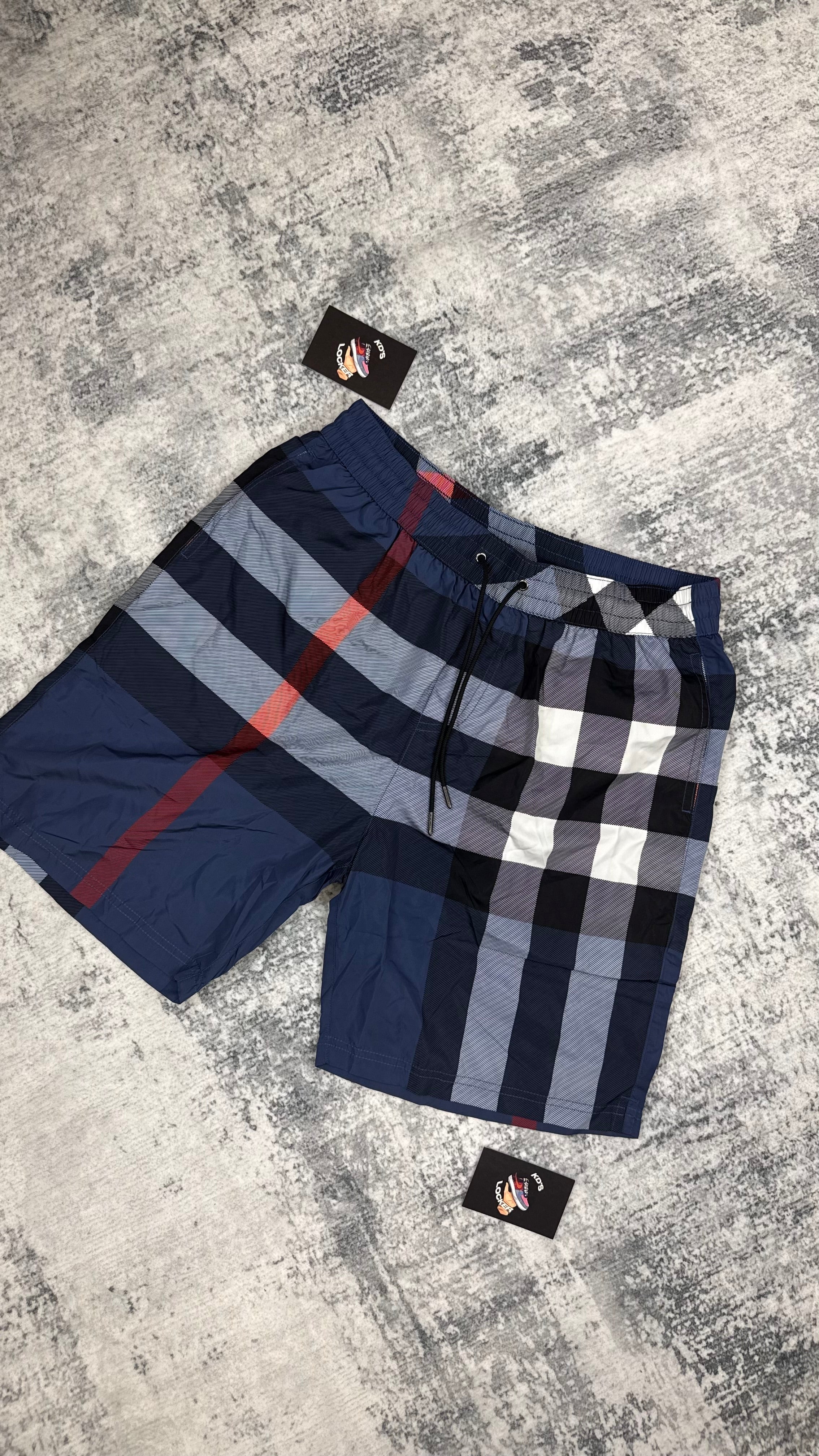 BURBERRY NAVY BLUE CHECK SWIM SHORTS
