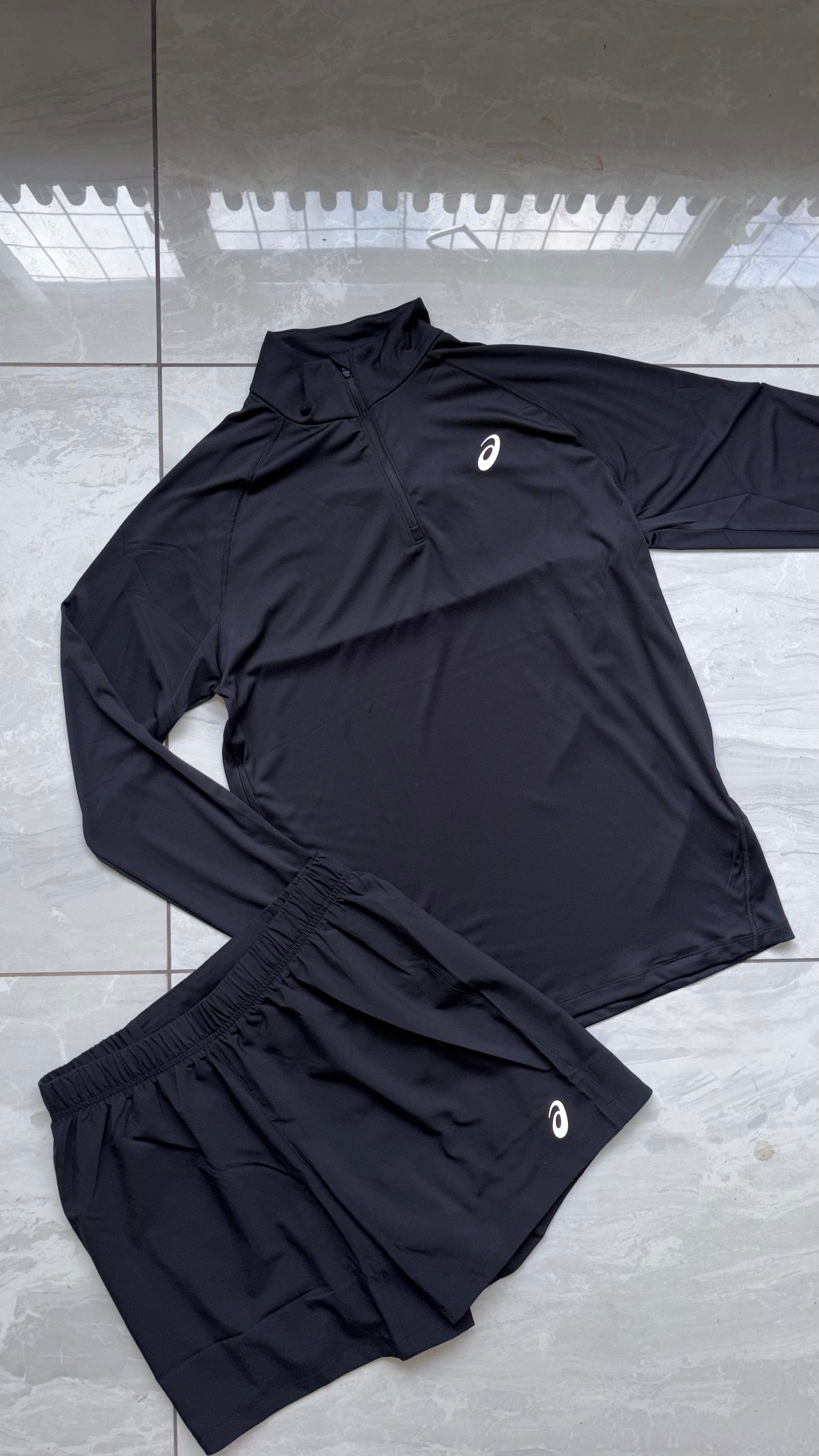 ASICS Black 1/4 Zip Pullover Top + Shorts Set