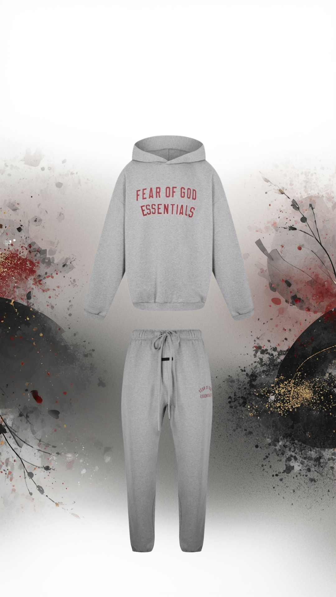 FEAR OF GOD ESSENTIALS DARK HEATHER / RED FLEECE TRACKSUIT